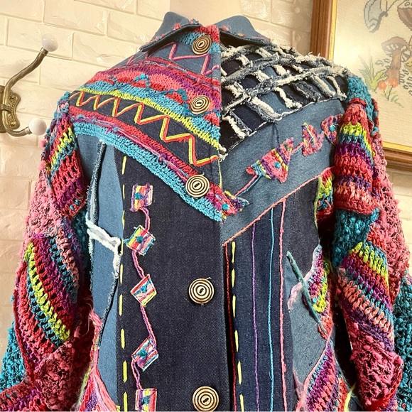 Vintage Sandy Starkman Crochet Sequin Patchwork Denim Jean Jacket - Picture 2 of 16